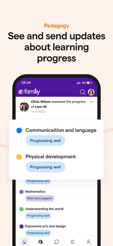 Smartphone screen showing child development and learning progress updates across various categories on the Famly App.