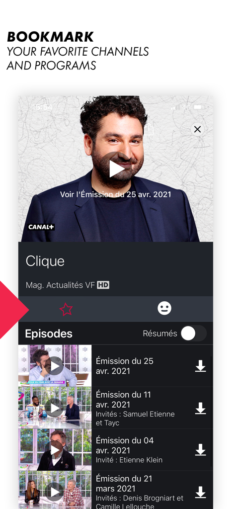 CANAL plus app interface for bookmarking favorite channels and viewing program episodes