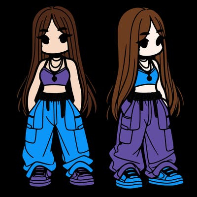 girl in baggy pants crop top and long hair