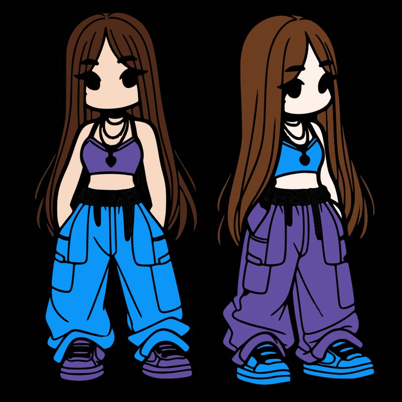 girl in baggy pants crop top and long hair