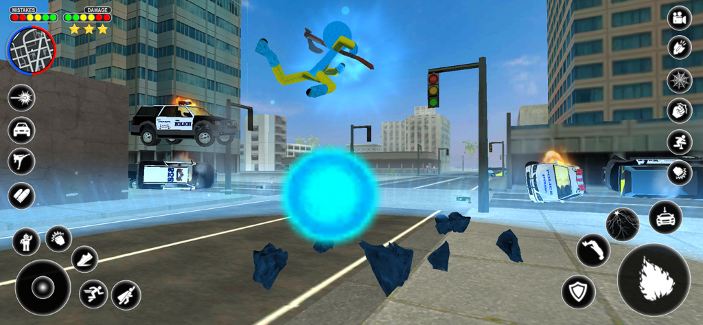 Stickman Rope Hero Spider Game - Un superhéroe stickman azul saltando en una ciudad con coches de policía voladores y una orbe de energía azul