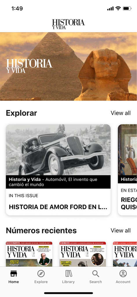 Historia y vida - Tela inicial do aplicativo de revista de história e arte Historia y Vida mostrando edições recentes e artigos históricos.