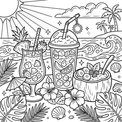 Embrace the warmth of the season with this delightful coloring page featuring refreshing fruit smoothies and a vibrant beach scene. Perfect for a relaxing summer day, it brings tropical cheer right to your fingertips.