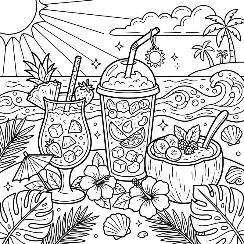Embrace the warmth of the season with this delightful coloring page featuring refreshing fruit smoothies and a vibrant beach scene. Perfect for a relaxing summer day, it brings tropical cheer right to your fingertips.
