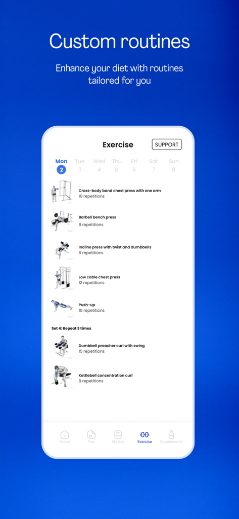 Avena Health app screen displaying a personalized daily exercise plan with various strength training routines
