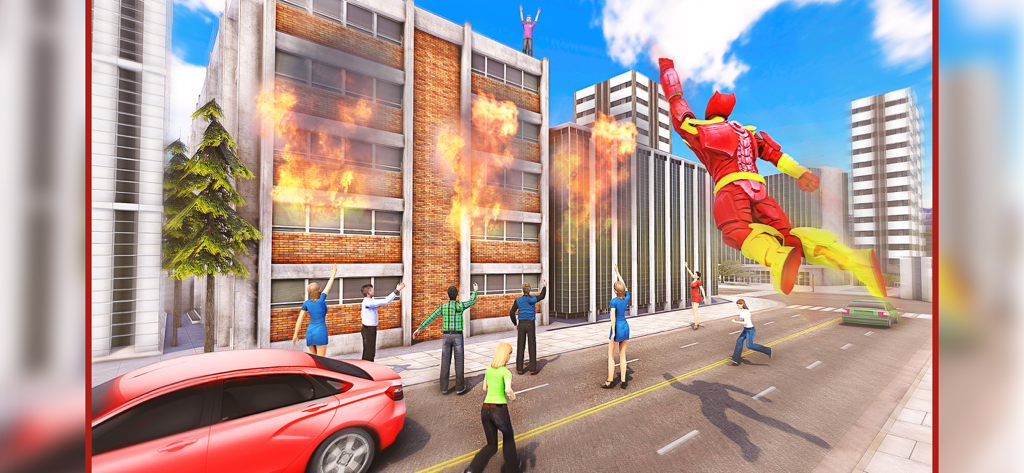 Superhero Fight:Mad City Story - A red and yellow superhero flying through a city street past a burning building with citizens watching from below.