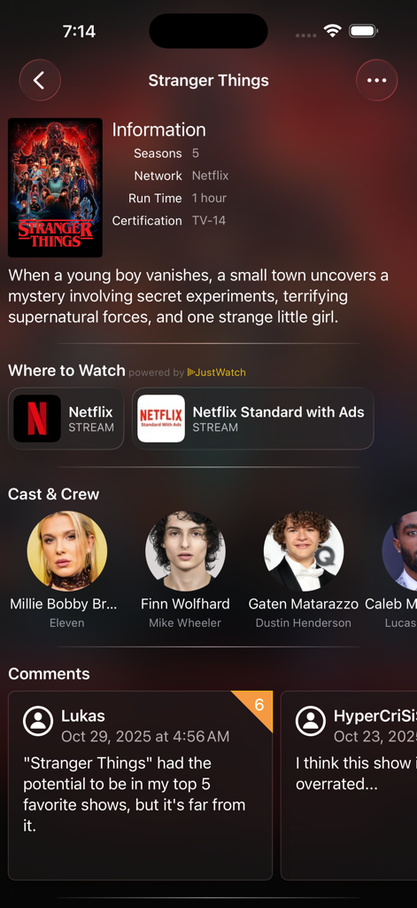 Interfaccia dell'app Television Time che mostra dettagli sulla serie Stranger Things, membri del cast e informazioni su dove guardarla