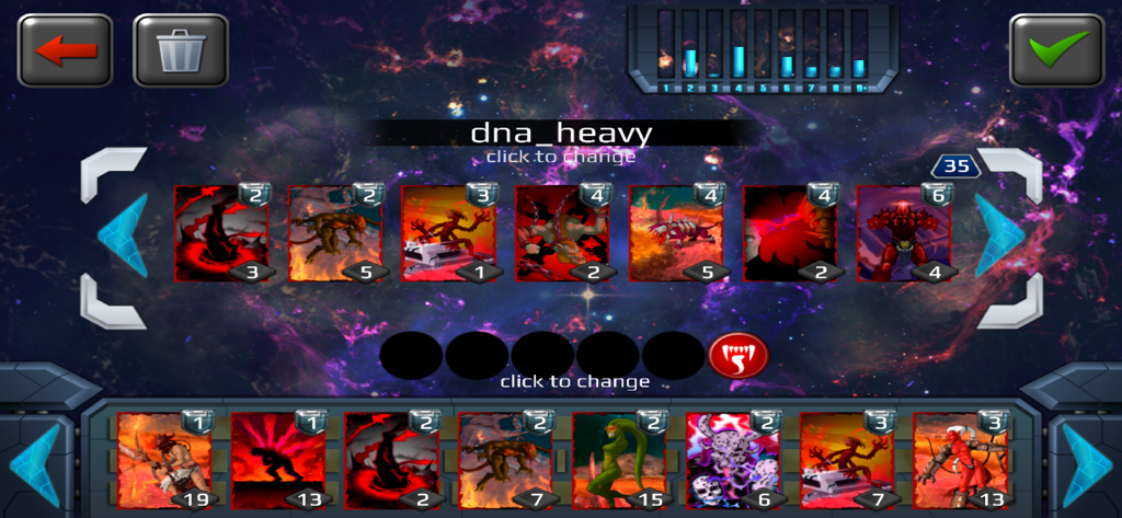 BSoD CCG - BSOD CCG deck customization interface showing unit cards and a resource distribution chart