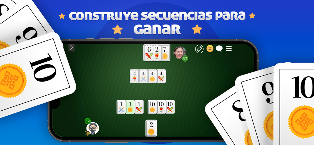 Chinchón  - Juego de Cartas - シーケンスとスペインのデッキカードを示すチンチョンカードゲームのモバイルインターフェース。