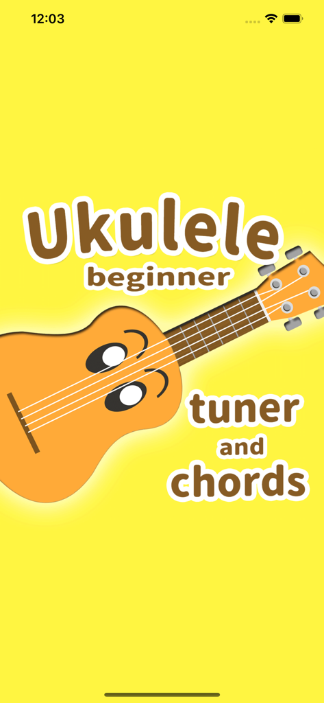 Cartoon ukulele with eyes on a bright yellow background with text saying Ukulele beginner tuner and chords