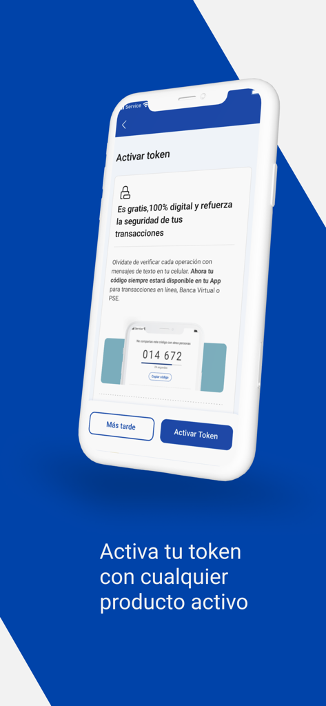 Banco de Bogotá - Tela de smartphone mostrando o processo de ativação do token no aplicativo móvel Banco de Bogota para transações seguras