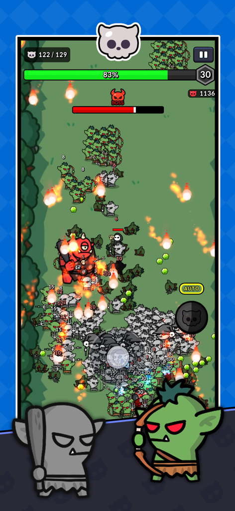 Necro - Roguelike RPG - Gameplay screenshot of Necro Roguelike RPG showing a necromancer battle against a giant red boss and goblin hordes.