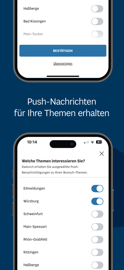 Main-Post News - Écran des paramètres de notifications push dans l'application Main-Post News montrant les commutateurs pour les sujets d'actualité régionaux.
