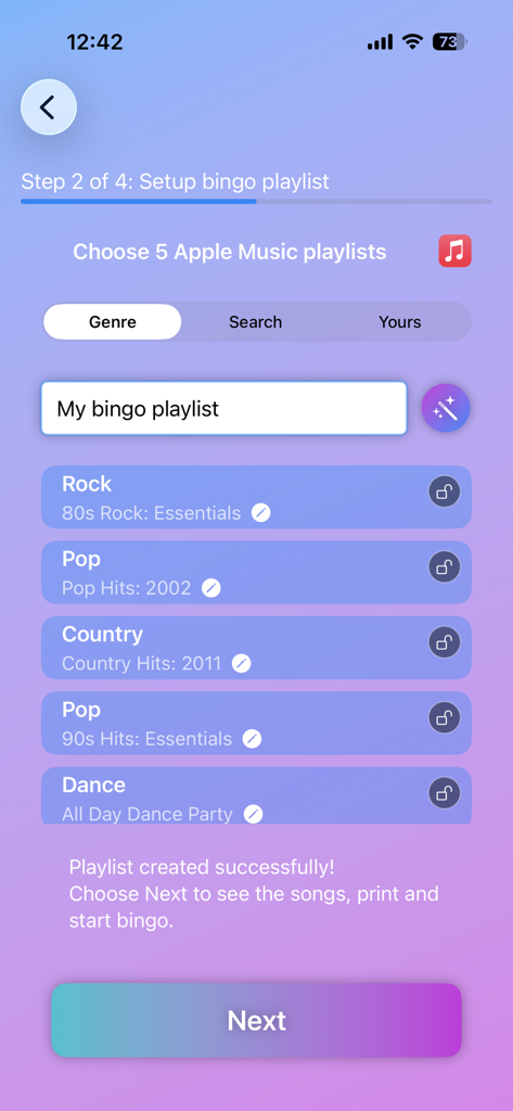 Interfaz para elegir géneros musicales y listas de reproducción para configurar un juego de song bingo.