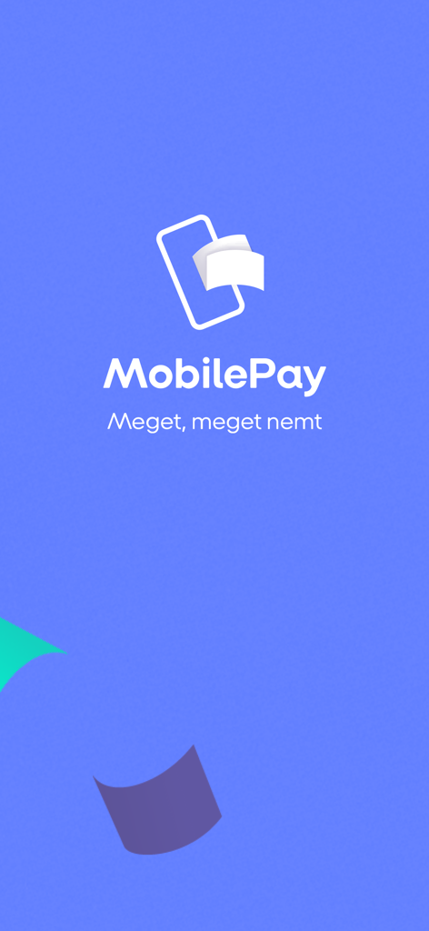 MobilePay - Écran de démarrage de MobilePay avec le logo officiel et le slogan danois Meget meget nemt sur fond bleu