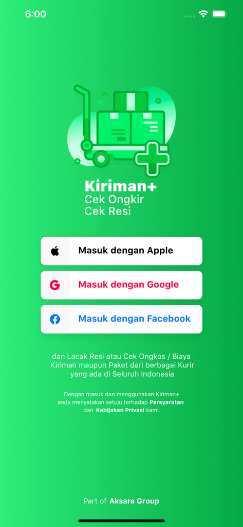 Kiriman+ - Login screen of the Kiriman plus app featuring social login buttons and a shipping package illustration on a green background