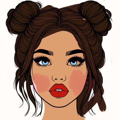 realistic girl with two buns on her hair and lips