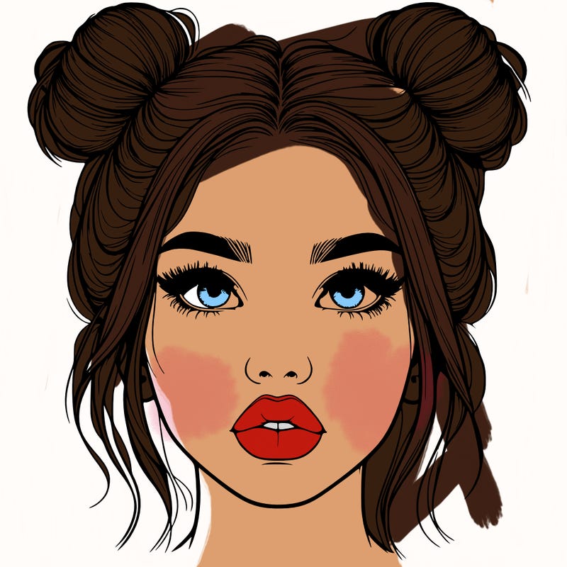 realistic girl with two buns on her hair and lips