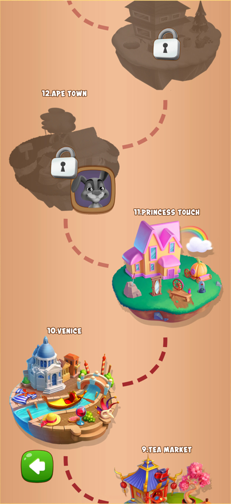 Mapa de progresión del juego Animales y Monedas que muestra diferentes islas temáticas como Venecia y Princesa Táctil