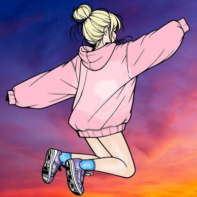 realistic girl jumping with a bun and oversized sweatshirt