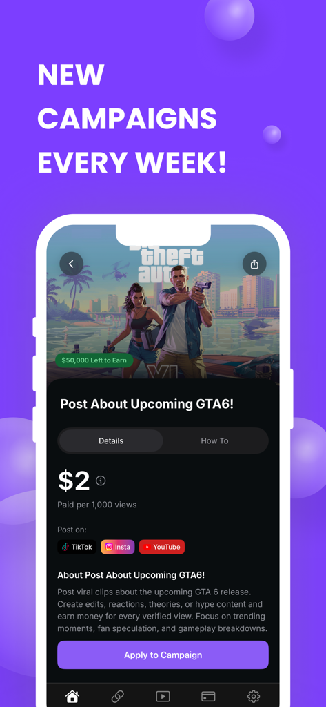 Clippable - Earn Money Posting - A mobile interface for the Clippable app showing a campaign to earn money by posting short-form videos about GTA 6.