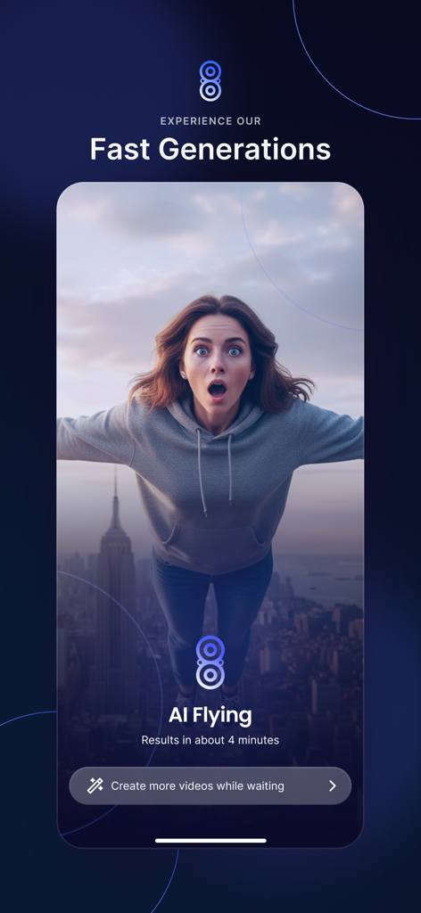 Pixlr-o-matic - Pixlr-o-maticモバイルアプリのインターフェース、女性が都市の上空を飛んでいるAIフライングテンプレートエフェクトを表示