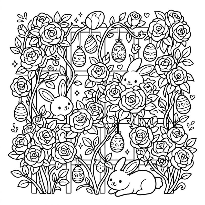Step into a whimsical Easter garden with this delightful coloring page featuring graceful climbing roses. Discover adorable bunnies peeking from the vibrant blooms and beautifully decorated Easter eggs ready for your creative touch.
