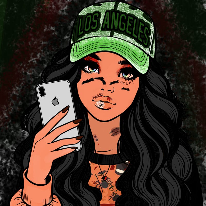realistic beautiful girl wearing los ángeles cap holding an iphone