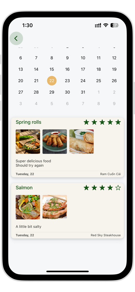 Food Lover Diary - Interfaz de la aplicación Food Lover Diary que muestra un calendario y registros de comidas de rollitos de primavera y salmón con fotos y calificaciones de estrellas.