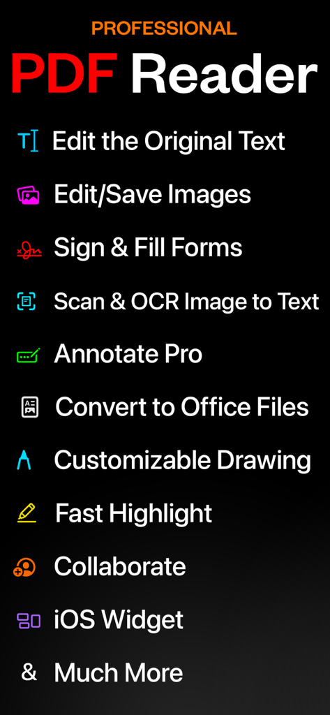 PDF Office Pro, Acrobat Expert - Eine Liste professioneller Funktionen für die PDF Office Pro App, einschließlich Textbearbeitung, Scannen und Formularunterschrift