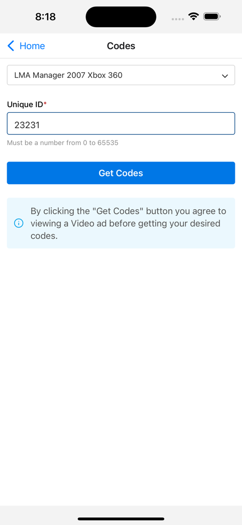 LMA Manager Hub - Unlock codes interface for LMA Manager 2007 Xbox 360 in the LMA Manager Hub app
