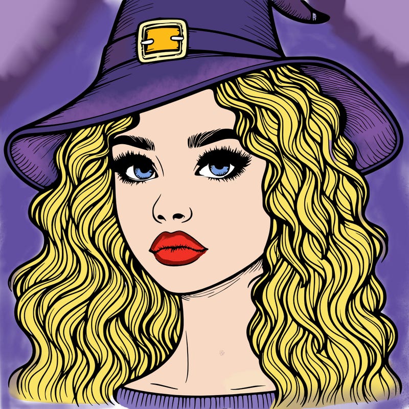 realistic girl with wavy hair a witch hat and a nose and lips and eyes