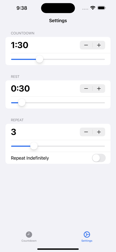 Oft: Fitness Timer - Settings screen of the Oft fitness timer showing interval and repeat controls.