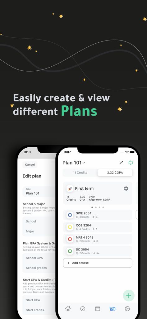 Khotta AI app interface showing academic plan management and CGPA tracking for university students