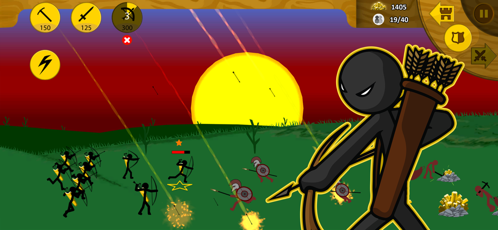 Um arqueiro stickman em primeiro plano numa cena de campo de batalha ao pôr do sol do jogo móvel Stick War Legacy