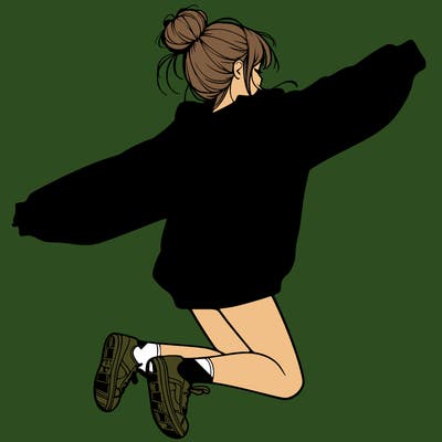 realistic girl jumping with a bun and oversized sweatshirt