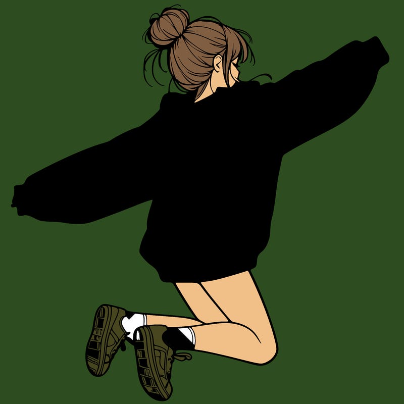 realistic girl jumping with a bun and oversized sweatshirt