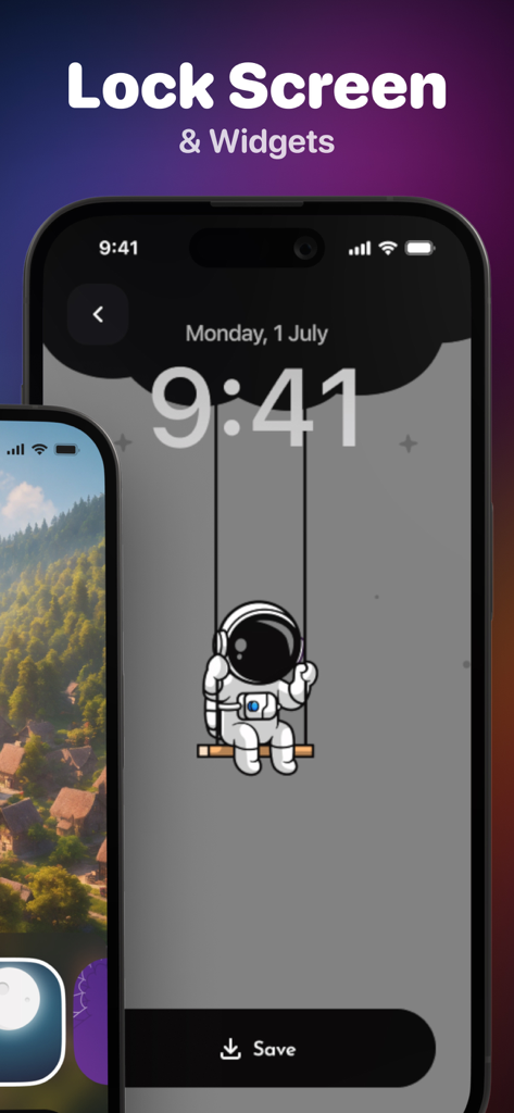 ダイナミックアイランドからぶら下がっている漫画の宇宙飛行士を表示するiPhoneロック画面カスタマイズ画面