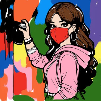 realistic girl with mask spray painting a wall