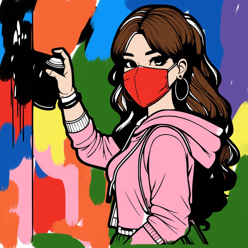 realistic girl with mask spray painting a wall