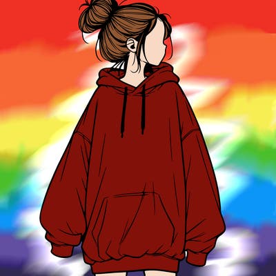 realistic girl with a oversized sweatshirt on and a bun