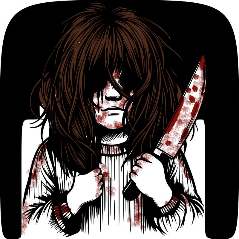 scary realistic girl holding a knife and hair covering her face
