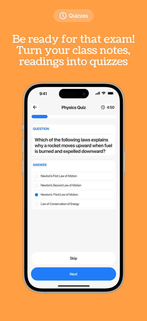 Shepherd: AI study co-pilot - Mobile interface of the Shepherd app showing a physics quiz generated from study notes.