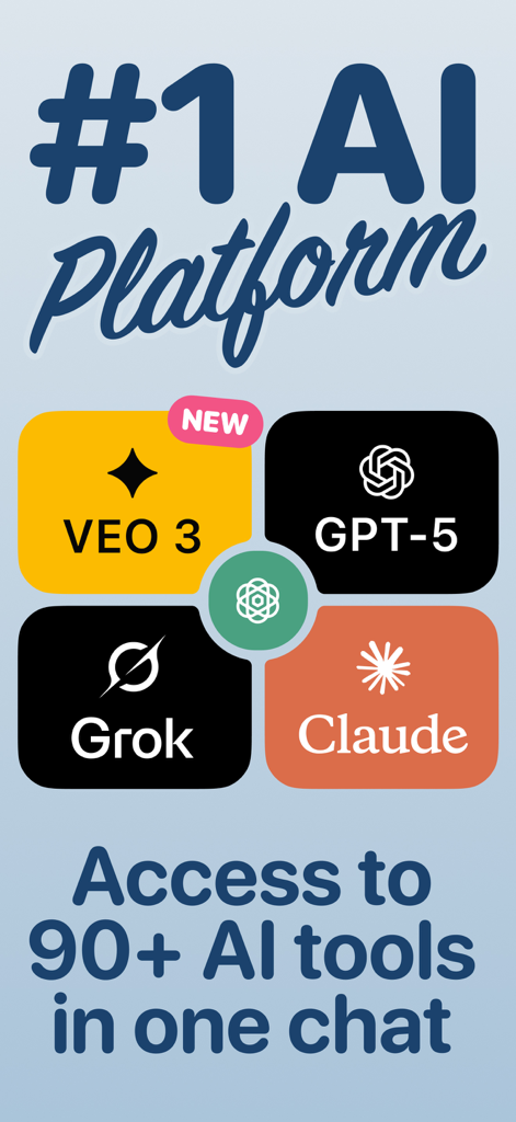 Pantalla de la app AI Chat Assistant mostrando acceso a GPT-5, Grok, Claude y Veo 3 en una sola plataforma