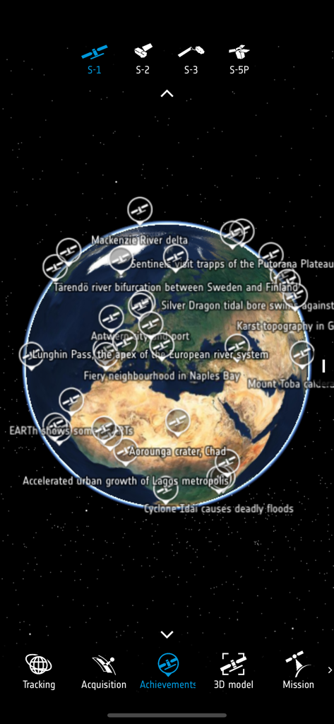 Globo 3D interactivo en la aplicación Copernicus Sentinel que muestra marcadores de eventos ambientales globales y características geográficas