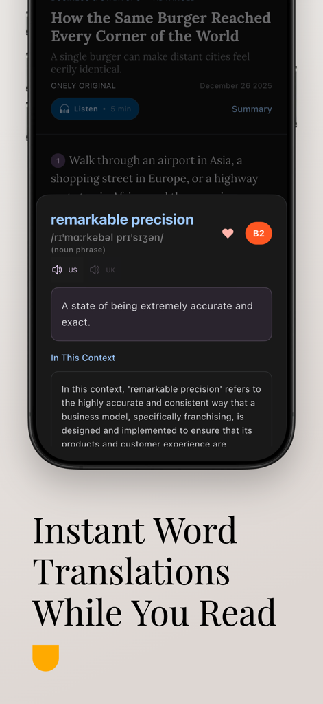 Onely: Advanced Vocab Builder - Onely app interface showing a vocabulary card for remarkable precision with definition and context within a reading article.