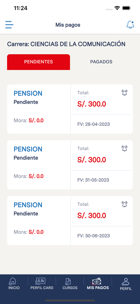 Trilce UCV - Interfaz de la aplicación móvil Trilce UCV que muestra una lista de pagos de matrícula pendientes para un estudiante.
