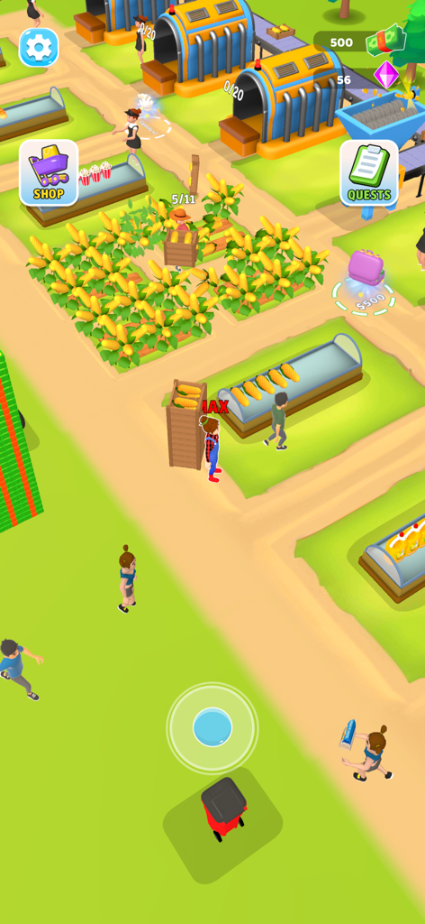 Top down view of a cartoon farm with corn fields and processing machines in Crop to Craft idle game