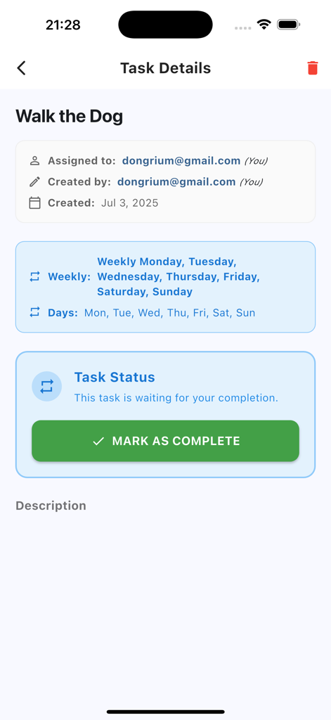 Task Management for Teams - Mobile app screen displaying details for a recurring task titled Walk the Dog with a completion button