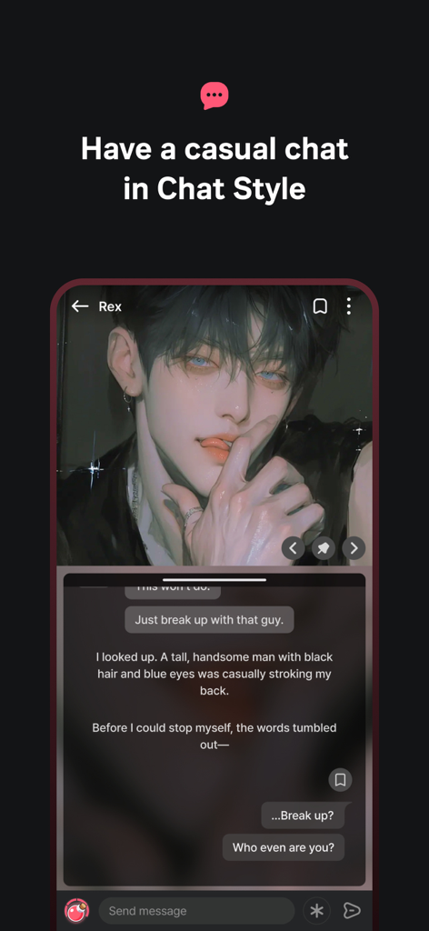 TingleChat - A romantic roleplay chat interface in the TingleChat app featuring an anime-style character named Rex and interactive dialogue options.
